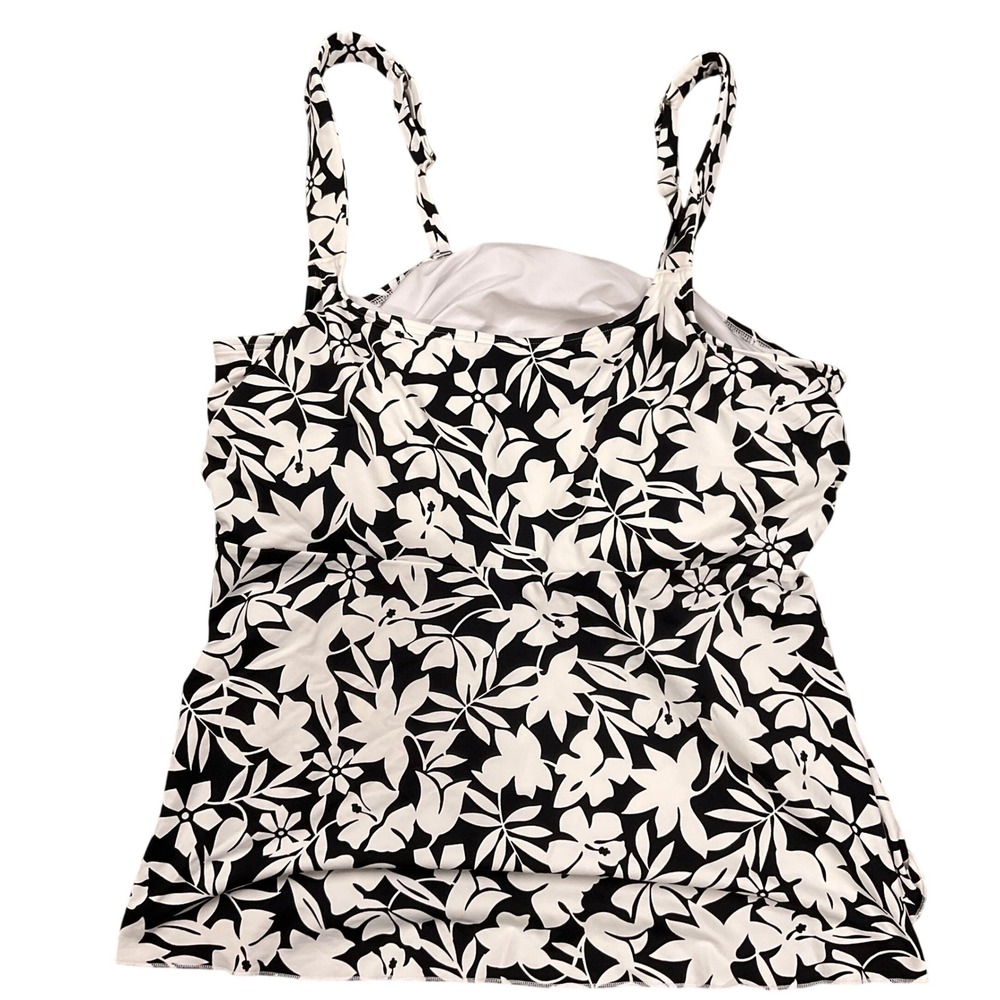 Lands' End Tankini Top Women XL 18 Black White Floral Empire‎ Waist Modest Beach